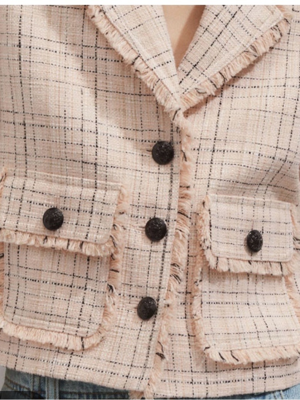 ME+EM Cropped Pale peach Tweed Blazer with Frayed Trim - Picture 6 of 8